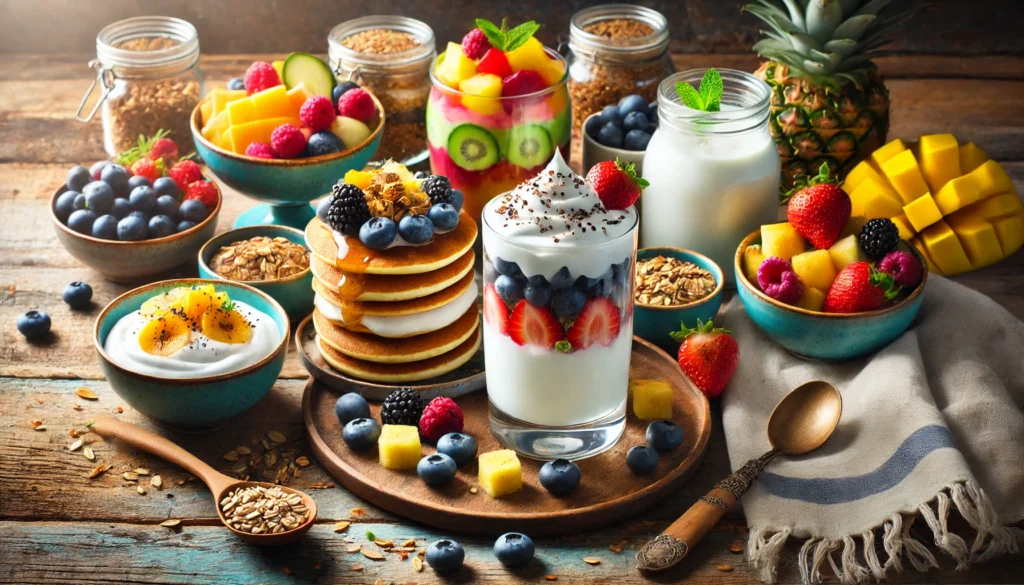 A colorful breakfast spread featuring Greek yogurt parfait with fresh berries, smoothie bowls, pancakes, and a Mediterranean-style yogurt bowl, ideal for healthy breakfast ideas with Greek yogurt