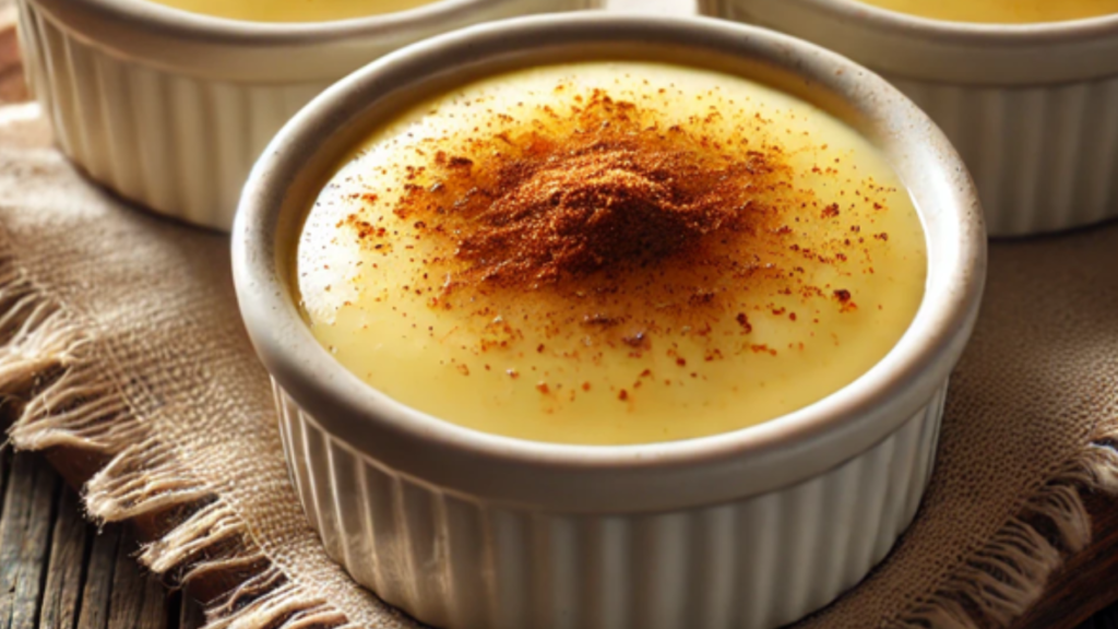 golden-yellow homemade custard, lightly dusted with cinnamon or nutmeg. The ramekins are placed on a rustic wooden table with a textured beige cloth, surrounded by cinnamon sticks and a small bowl of ground cinnamon, showcasing a cozy and inviting homemade custard recipe.