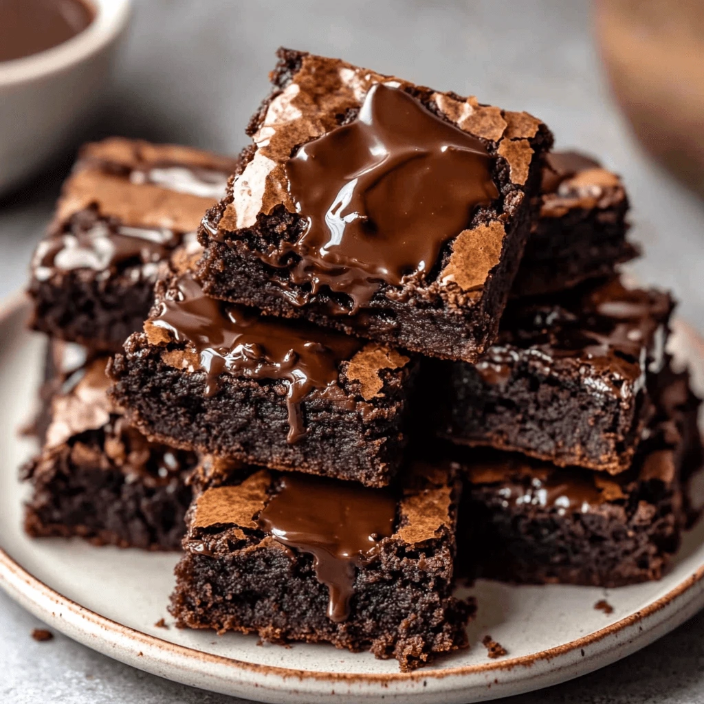 A stack of fudgy sourdough brownies with a glossy, melted chocolate topping, arranged on a ceramic plate. The brownies have a rich, dark texture and a cracked surface, highlighting their gooey interior.