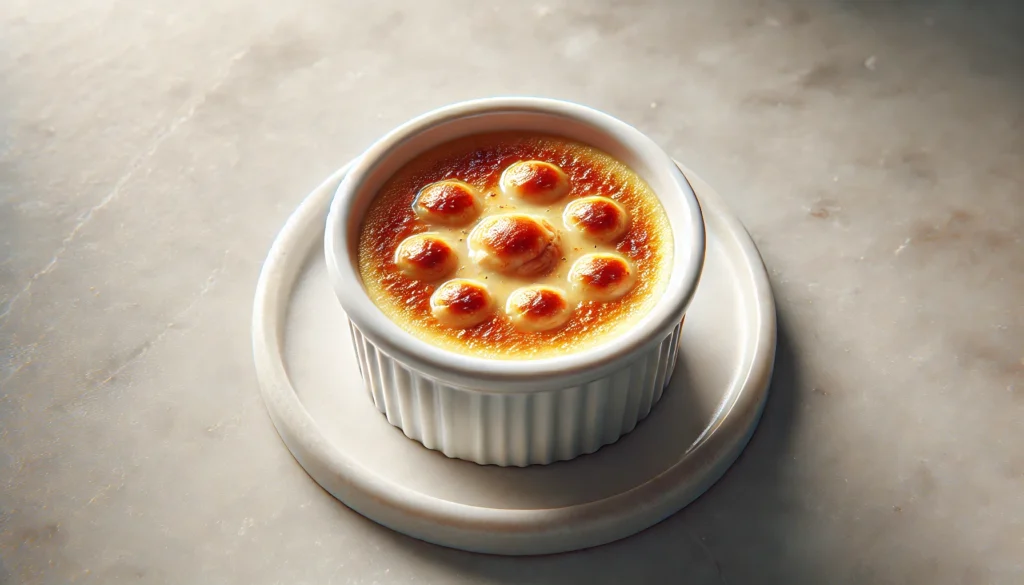 savory crab creme brulee served in a white ramekin, with a golden caramelized sugar crust on top, placed on a clean white marble surface.