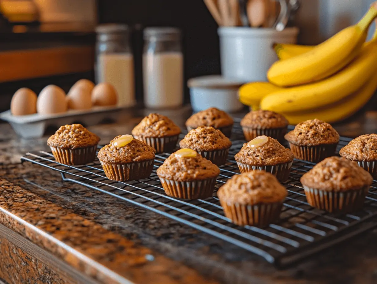 Freshly baked banana bread mini muffins cooling on a wire rack with ripe bananas and baking ingredients in the background.
