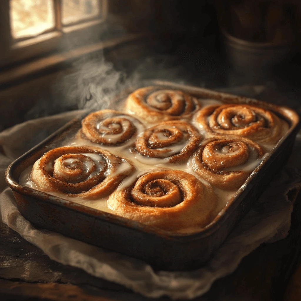 **Alt Text:**  
Freshly baked sourdough cinnamon rolls in a tray, drizzled with creamy white icing. The rolls are golden brown, soft, and spiraled, with visible layers of cinnamon filling oozing between the folds.