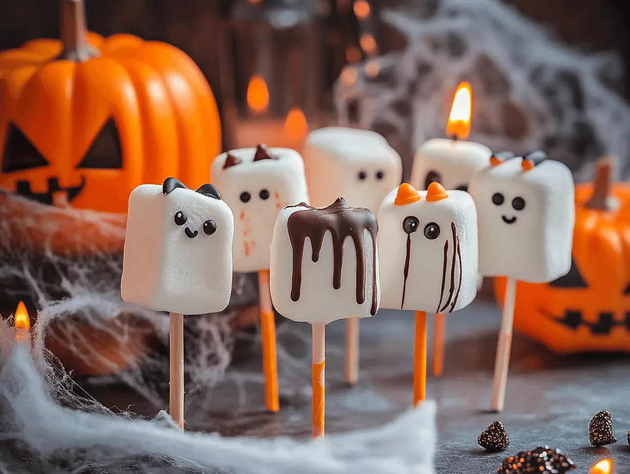 A Halloween-themed dessert table featuring marshmallow pops shaped like ghosts, pumpkins, and bats, decorated with cobwebs and mini pumpkins.