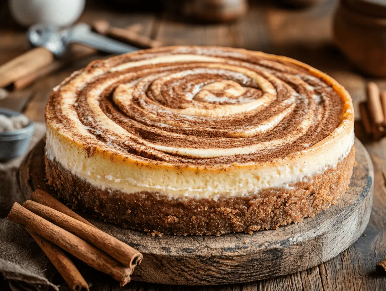 Top view of a cinnamon roll cheesecake with cinnamon swirls and cream cheese glaze on a wooden table.