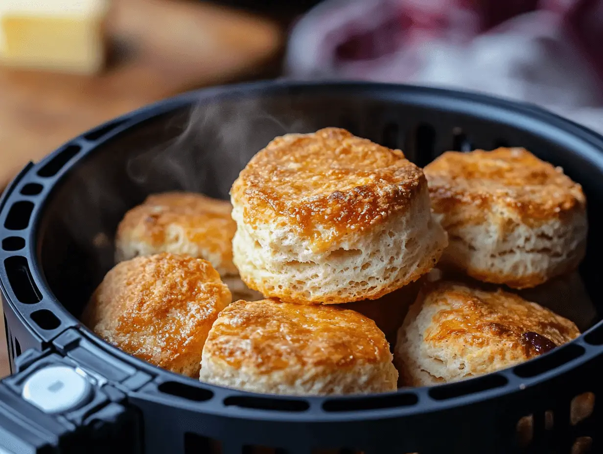 Close-up of golden biscuits in an air fryer basket with steam rising, surrounded by butter and jam in a cozy kitchen setting.