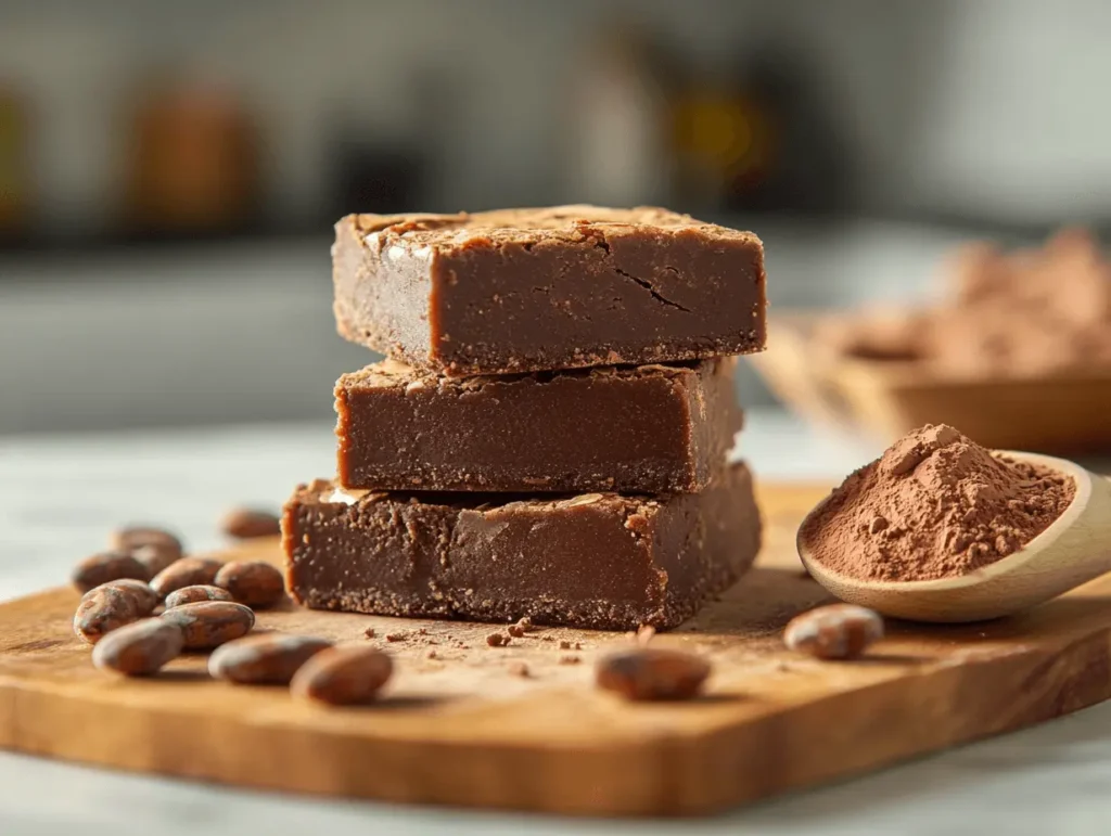 Freshly baked protein brownies stacked on a wooden plate with cocoa beans and protein powder nearby.