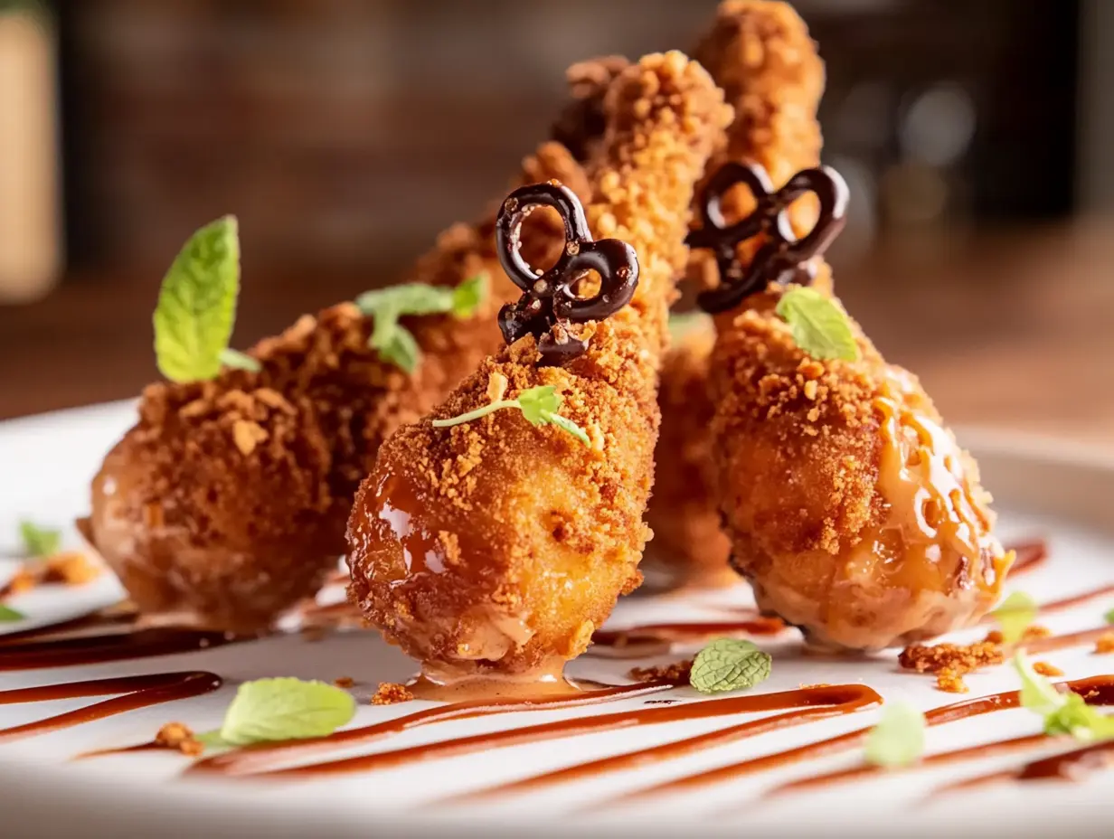 A close-up of fried chicken ice cream drumsticks on a white plate, coated in crushed cornflakes with chocolate pretzel bones, garnished with caramel drizzle and mint leaves.
