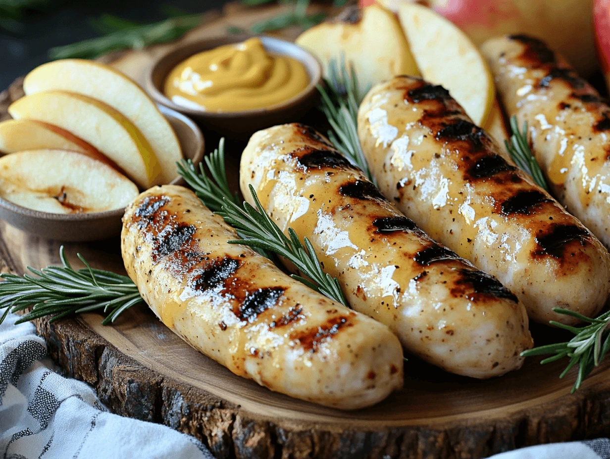 A platter of grilled chicken apple sausages garnished with rosemary and apple slices, with mustard and maple glaze on the side.