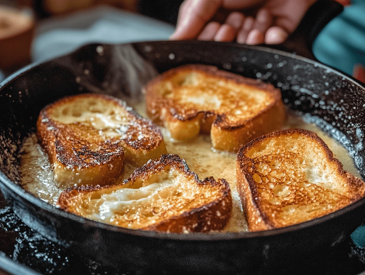 A close-up of sourdough bread slices being dipped into a rich egg custard mixture, frying in a buttered cast iron skillet. The toast is golden and crispy, with hints of cinnamon and vanilla in the air. Warm kitchen tones and hands gently flipping the bread are visible