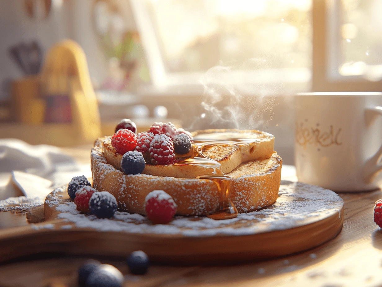 A plate of sourdough French toast with maple syrup and fresh berries, set on a rustic wooden table with a steaming cup of coffee and soft morning light.