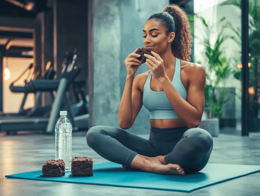 A fit woman in workout gear enjoying a protein brownie post-exercise with gym equipment in the background.