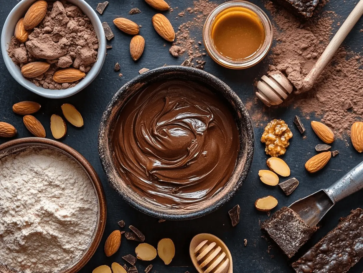 Ingredients for making healthy protein brownies, including almond flour, protein powder, cocoa, and honey.
