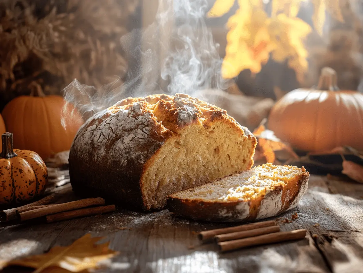 A loaf of pumpkin sourdough bread with a golden crust, placed on a rustic wooden table with pumpkins, cinnamon sticks, and autumn leaves around it.