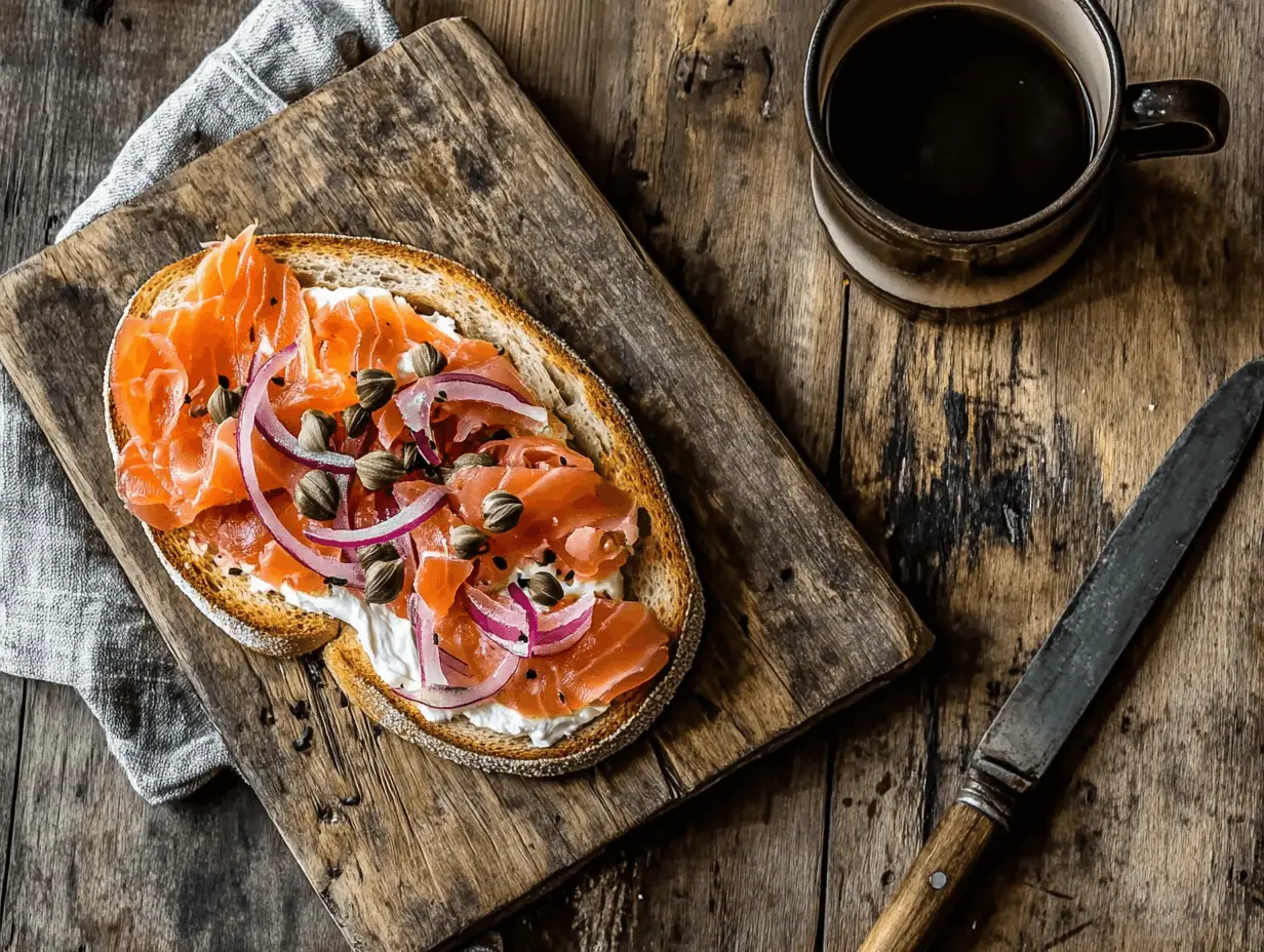 Toasted bagel with cream cheese, smoked salmon, red onion, and capers on a cutting board.
