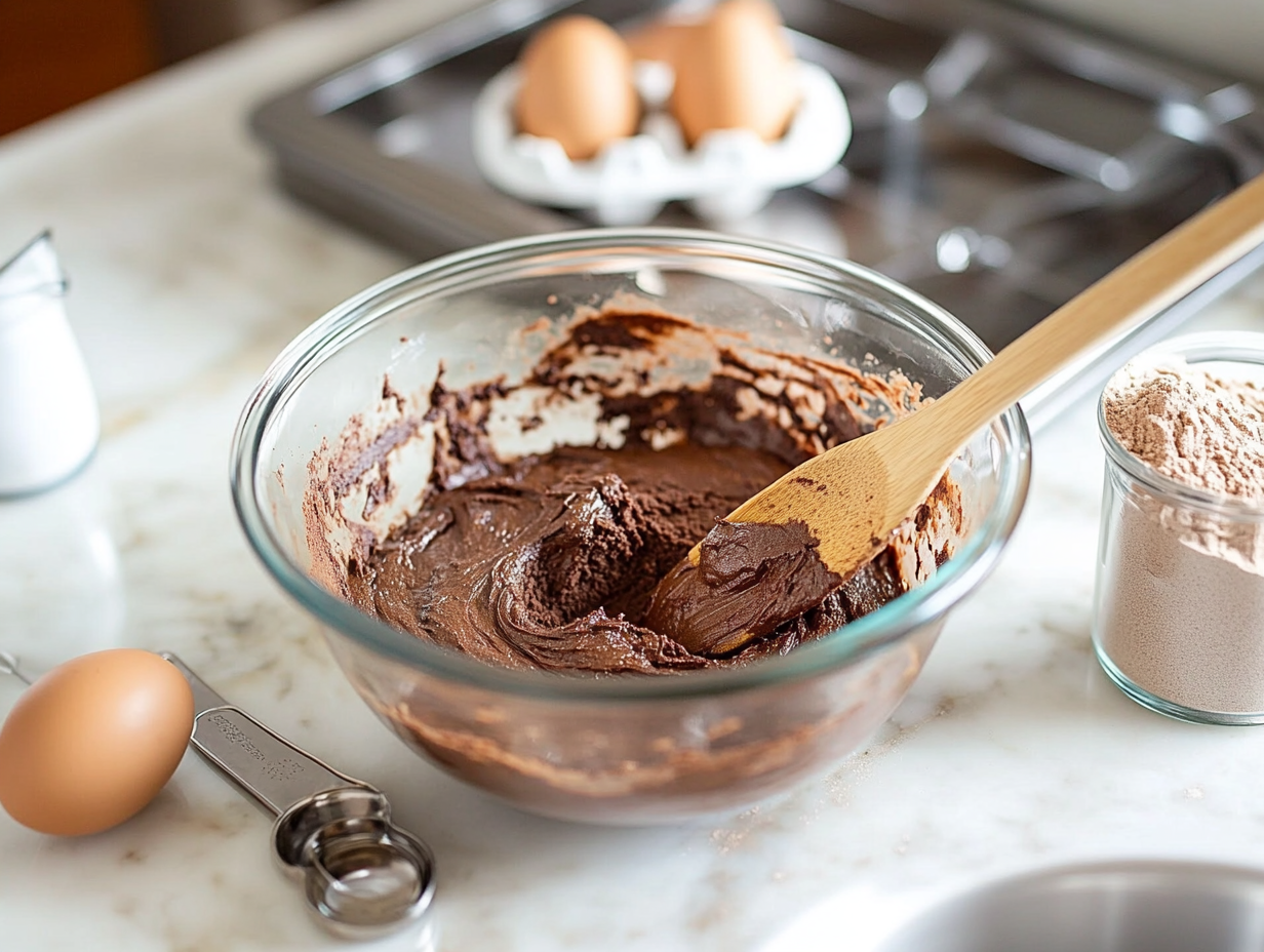A bowl of protein brownie batter being mixed with baking ingredients and tools around it.