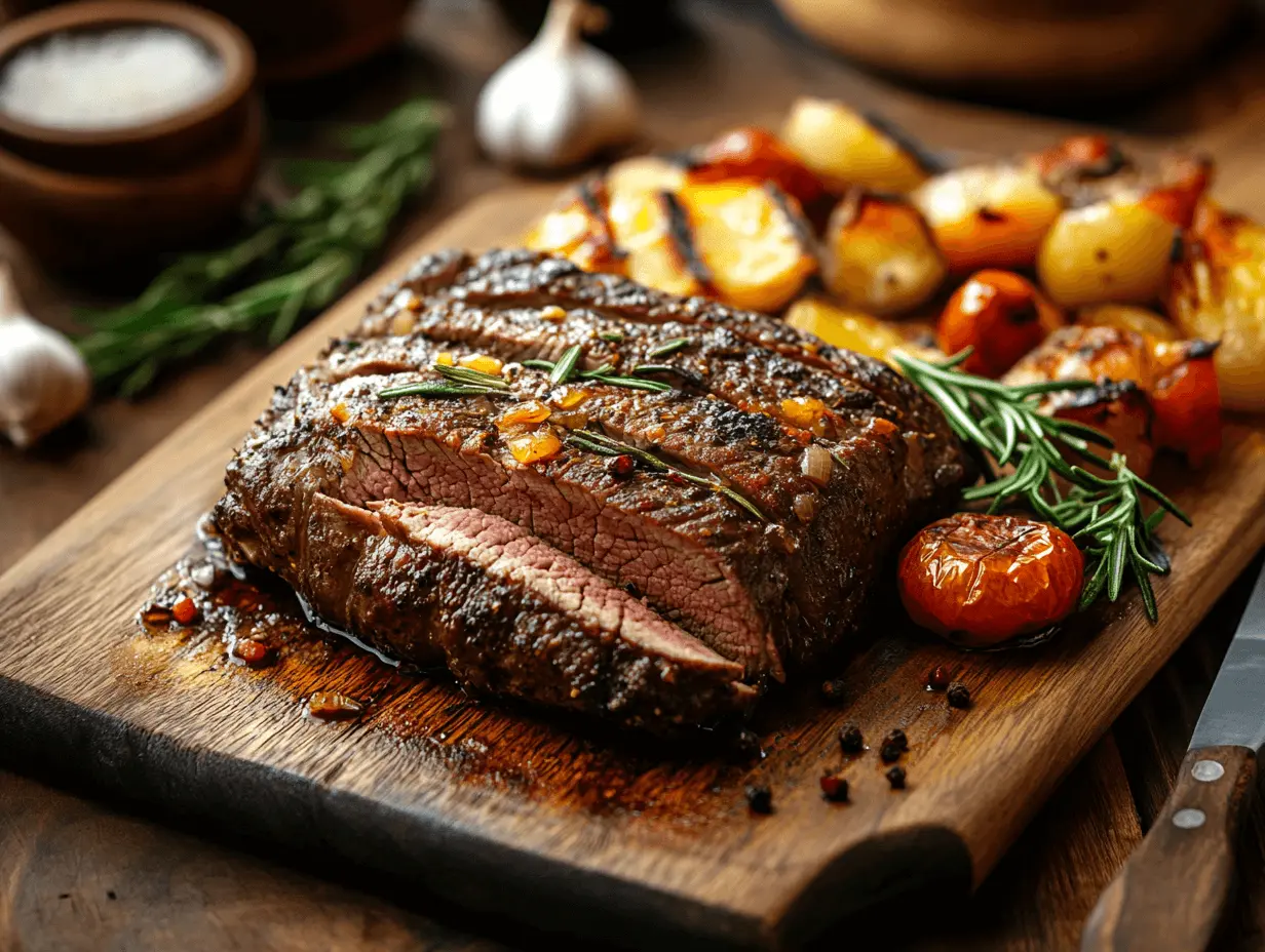 Sliced bottom round roast on a cutting board with rosemary and roasted vegetables.