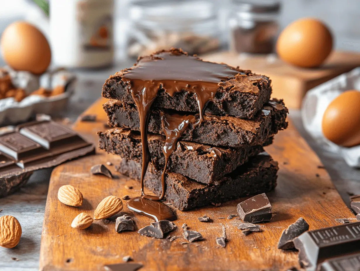 A stack of protein brownies with melted chocolate drizzling down, surrounded by baking ingredients on a wooden cutting board.