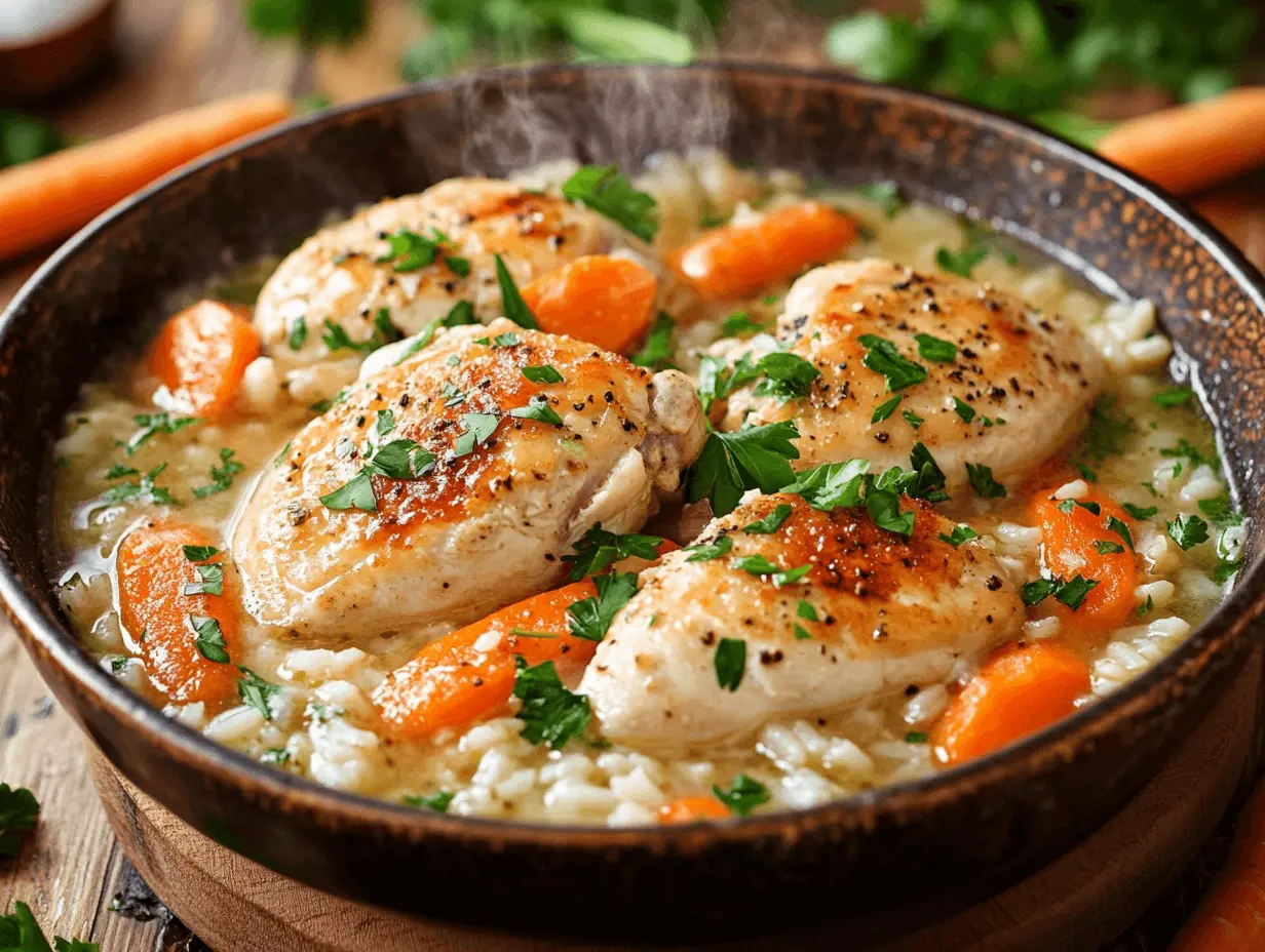 One-pot creamy chicken and rice with carrots and parsley in a rustic skillet.