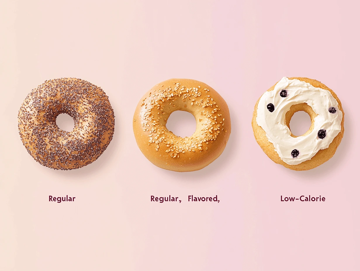 Infographic showing calorie counts of plain, blueberry, and thin bagels with cream cheese.