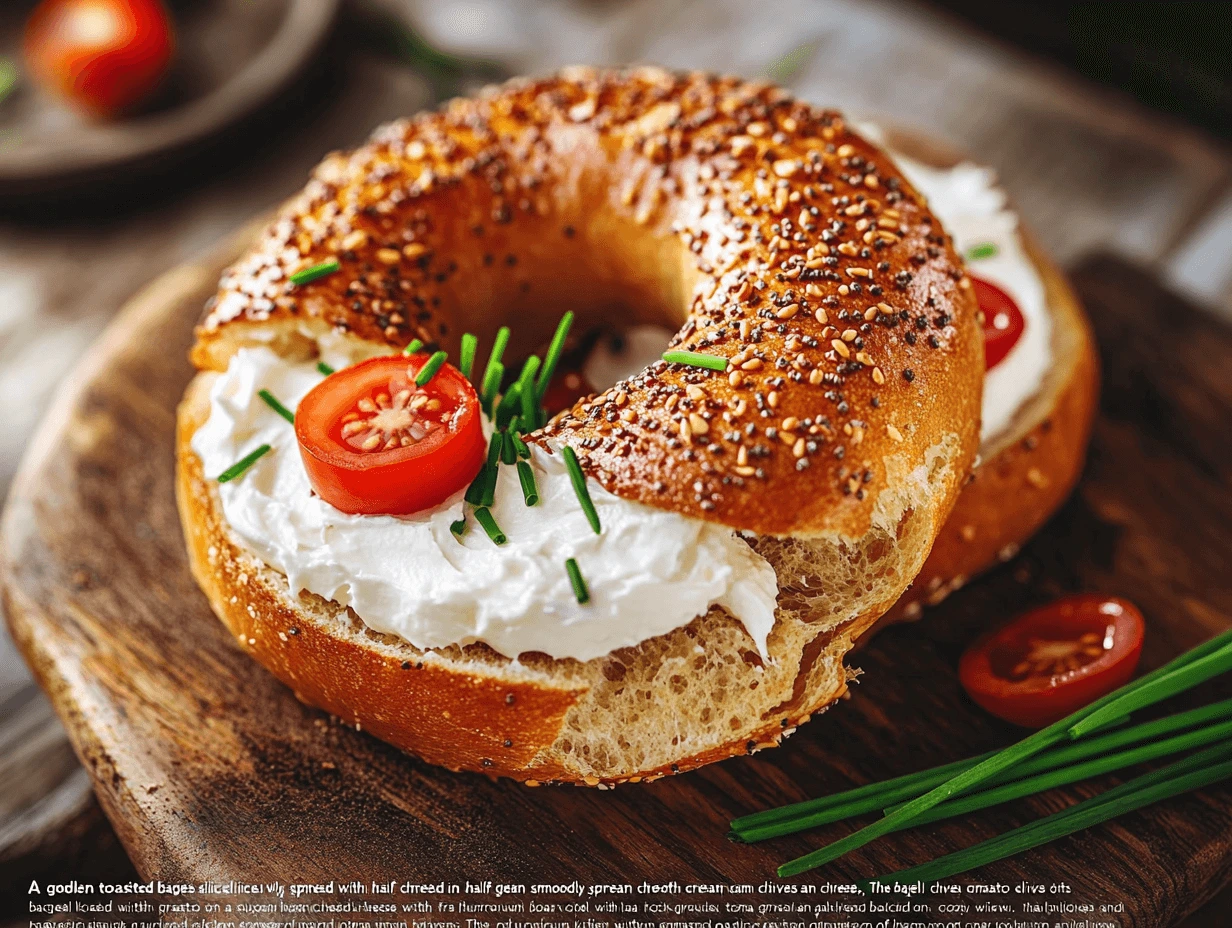 A golden, toasted bagel sliced in half and spread with smooth cream cheese, topped with fresh chives and cherry tomato slices. The bagel rests on a rustic wooden board, with a blurred cozy kitchen background and natural lighting, captured from a top-down view