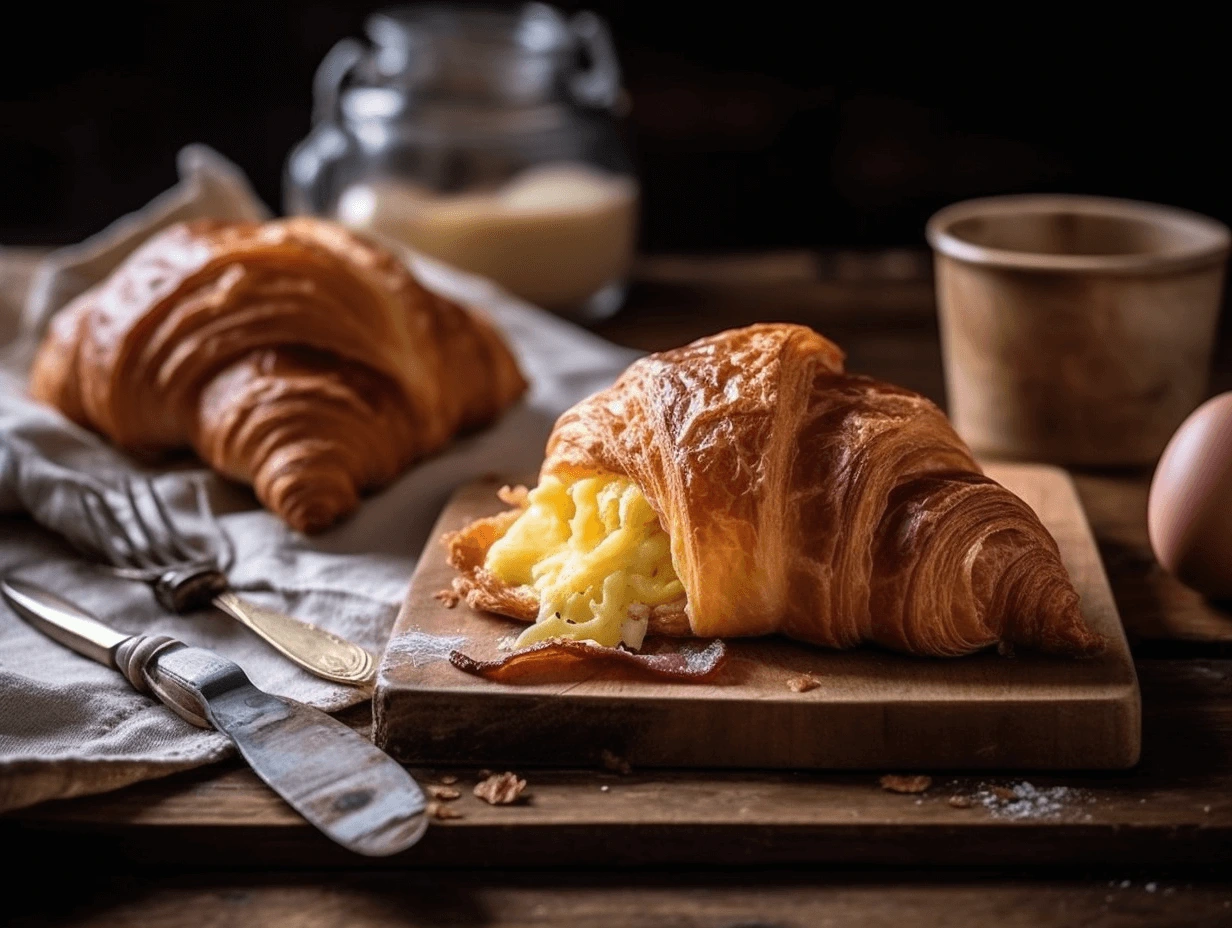 A freshly baked bacon, egg, and cheese croissant with melted cheese, crispy bacon, and fluffy eggs on a rustic wooden table.