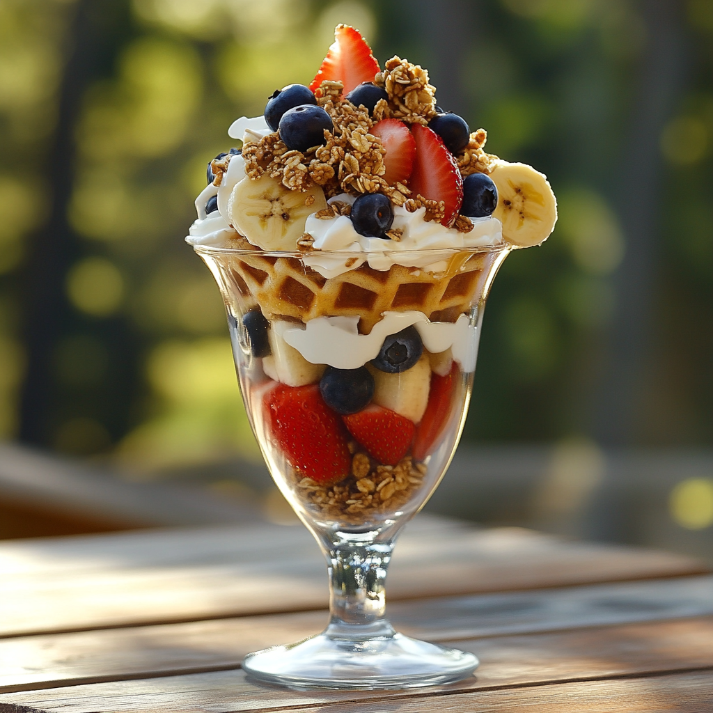 A close-up of a classic fruity waffle parfait in a clear glass, featuring layers of golden waffle pieces, creamy yogurt, fresh strawberries, blueberries, and banana slices, topped with granola and a drizzle of honey, styled on a rustic wooden table with a sunny, natural background.