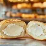A close-up of a New York bagel with a thick schmear of cream cheese on a deli counter.