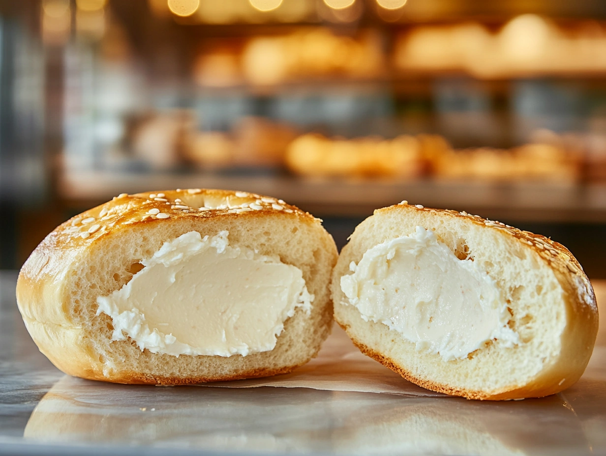 A close-up of a New York bagel with a thick schmear of cream cheese on a deli counter.
