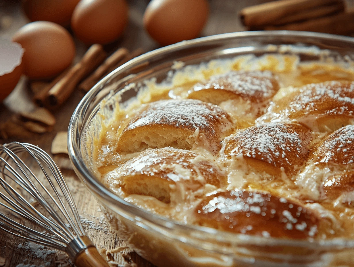 Close-up of thick bread slices soaking in a custard mixture inside a glass baking dish, dusted with powdered sugar, with eggs and cinnamon sticks in the background.