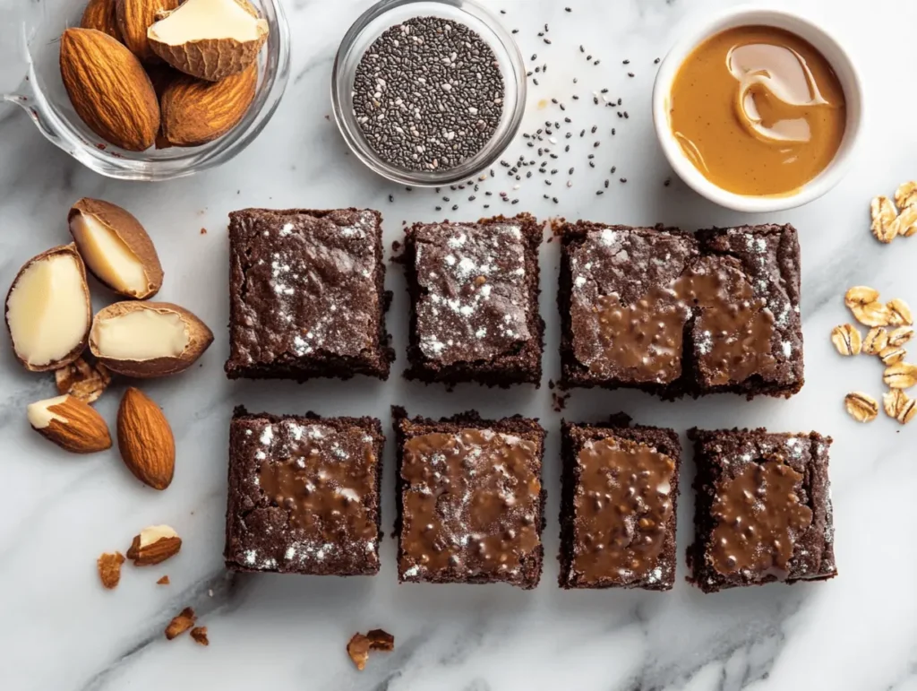 Vegan protein brownies on a marble counter with chia seeds, coconut oil, and plant-based ingredients scattered around.