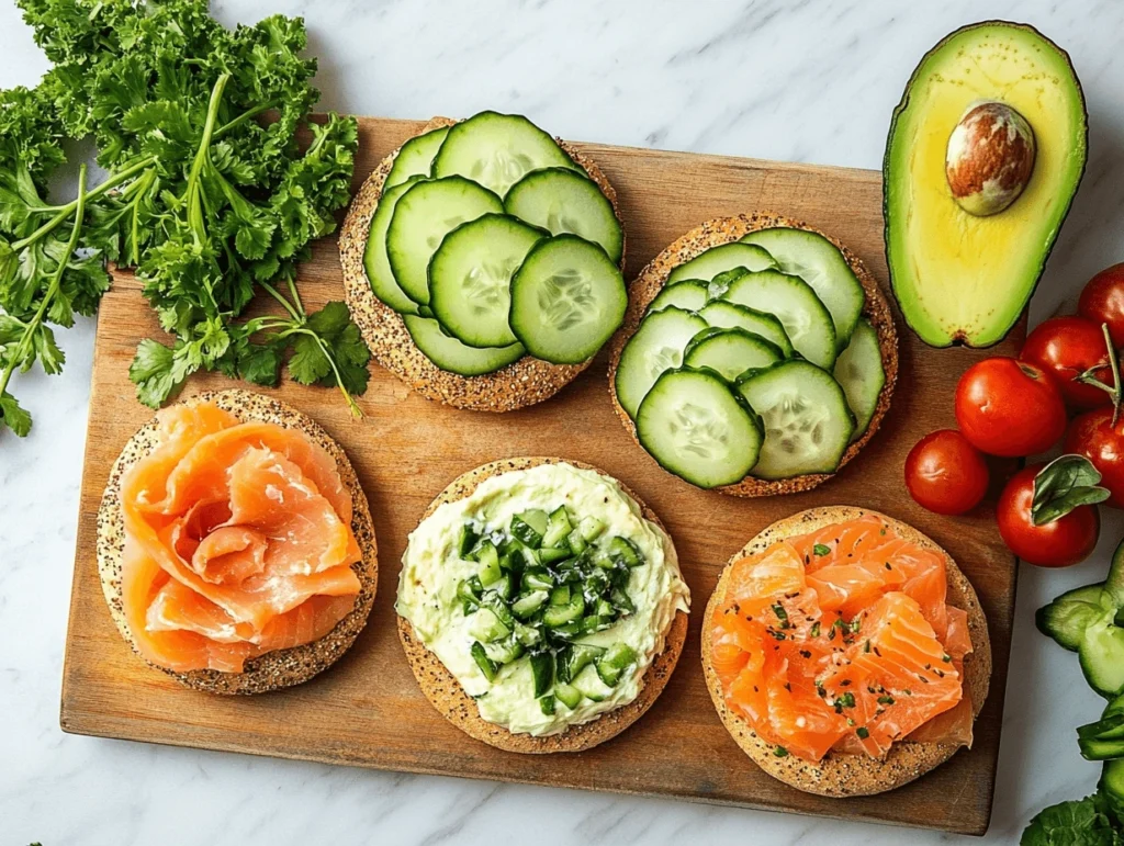 Healthy bagel alternatives topped with avocado, salmon, cucumbers, and cream cheese on a wooden cutting board.