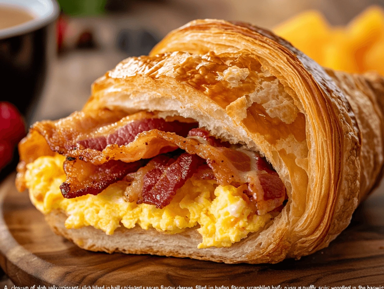 Close-up of a flaky croissant filled with crispy bacon, fluffy scrambled eggs, and melted cheddar cheese on a wooden plate with coffee and fruit in the background.
