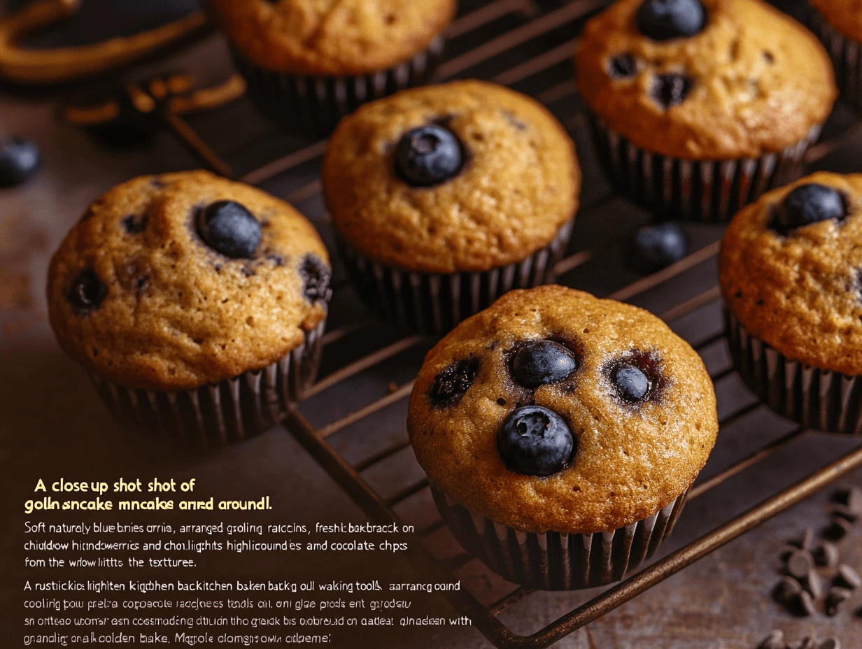 Freshly baked golden-brown pancake mix muffins cooling on a rack, with blueberries and chocolate chips scattered around in a cozy kitchen setting.