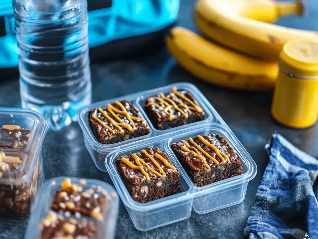 Protein brownies neatly packed into meal prep containers with a gym bag and banana in the background.