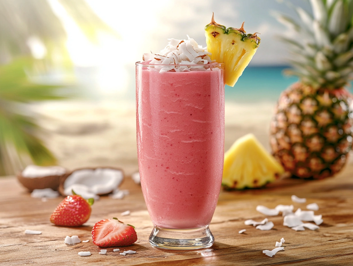 A vibrant pink Bahama Mama Tropical Smoothie in a glass, garnished with pineapple, strawberry, and coconut, set against a tropical background.