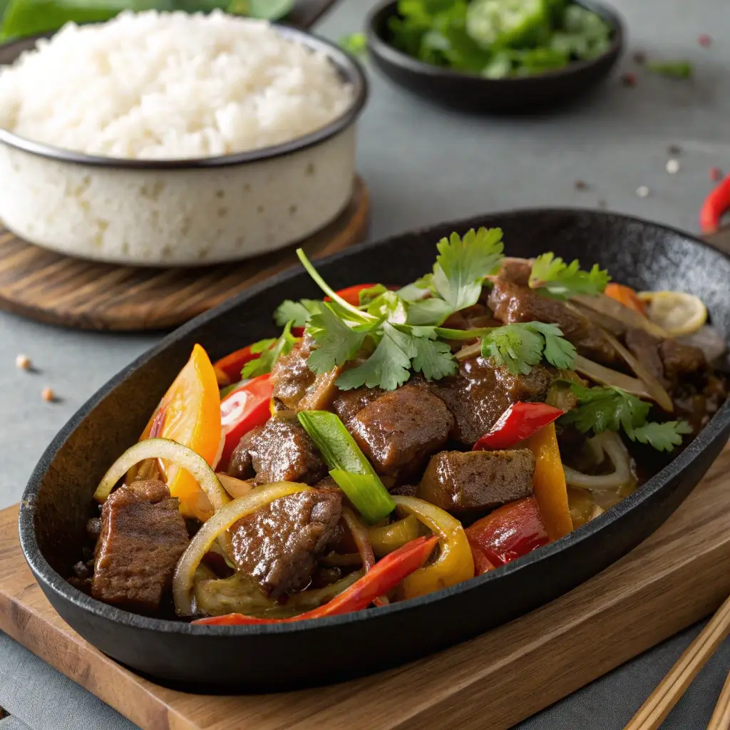 A plate of Shaking Beef (Bò Lúc Lắc) stir-fry with tender beef cubes, colorful bell peppers, and steamed rice, garnished with fresh herbs.