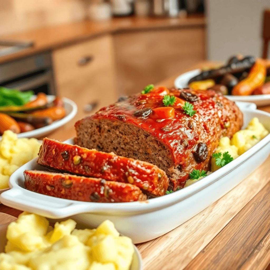 Freshly baked stove top stuffing meatloaf garnished with parsley, served with mashed potatoes and vegetables