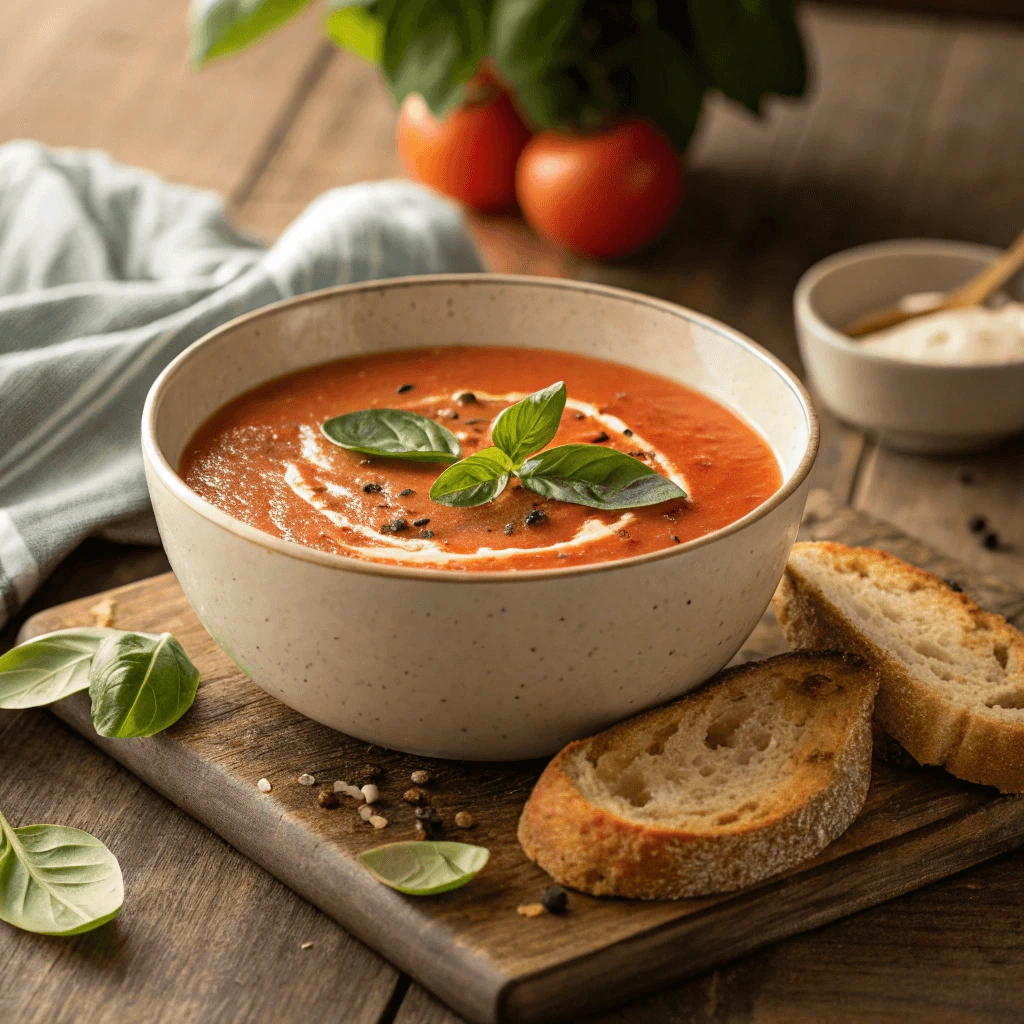 Campbell's soup recipes A bowl of creamy tomato soup garnished with fresh basil leaves, accompanied by bread.