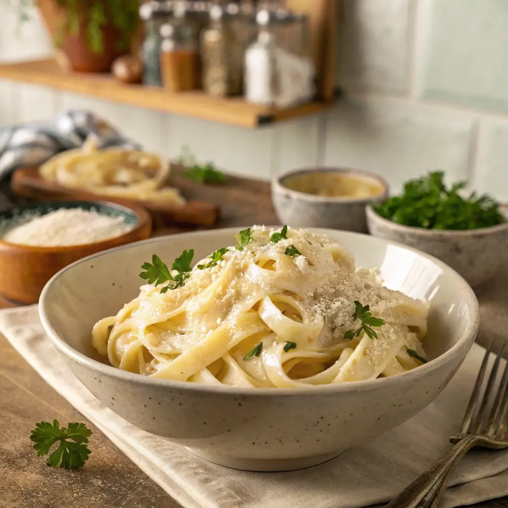 3-ingredient Alfredo sauce Fettuccine pasta coated in creamy 3-ingredient Alfredo sauce, garnished with Parmesan and parsley.