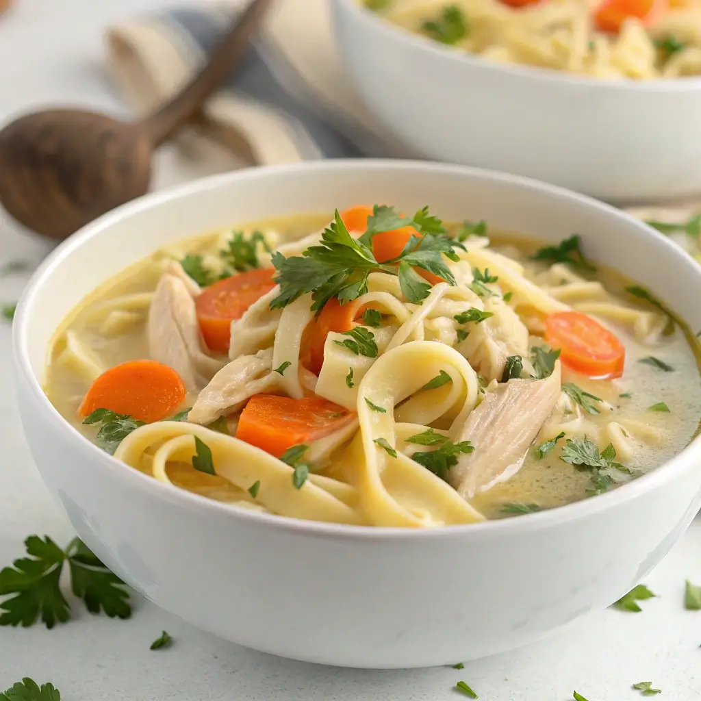 A close-up of a creamy chicken noodle soup bowl with noodles, chicken, and parsley garnish.