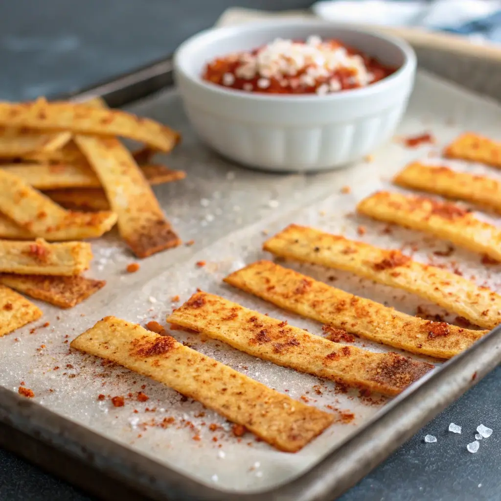 "Air-fried tortilla strips seasoned with chili powder and salt on a baking sheet"