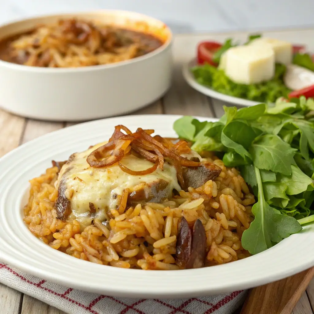 Plate of French onion soup rice served with a side salad