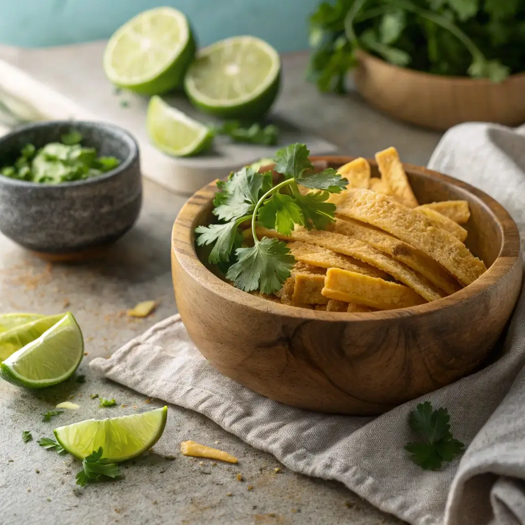 "Crispy homemade tortilla strips in a wooden bowl with lime and cilantro garnish"