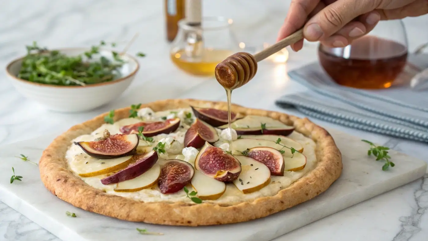 Savory fruit pizza with figs, pears, and herbed goat cheese on a whole-grain crust.