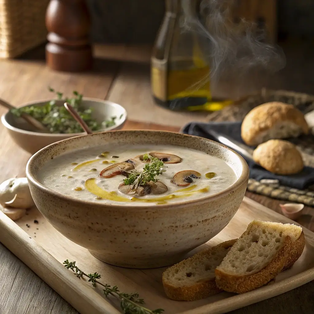 Creamy mushroom soup in a rustic bowl garnished with thyme and olive oil.