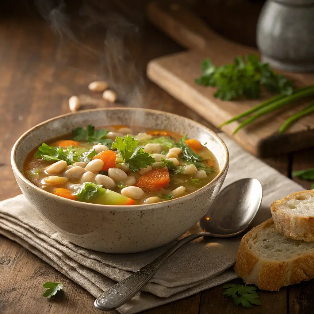 "Hearty bowl of classic bean soup with white beans, vegetables, and fresh parsley, served with crusty bread."