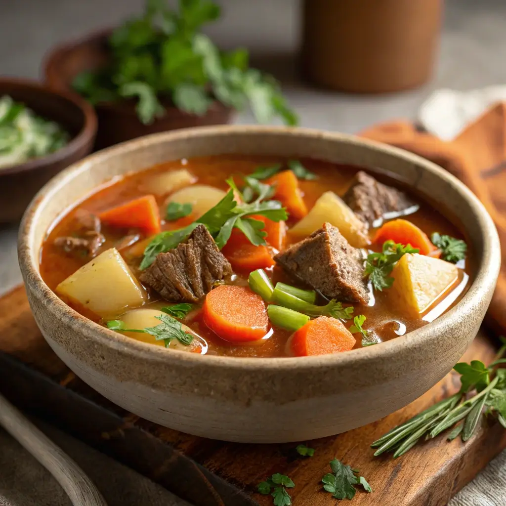 A comforting bowl of vegetable beef soup filled with tender beef, carrots, potatoes, and fresh herbs.