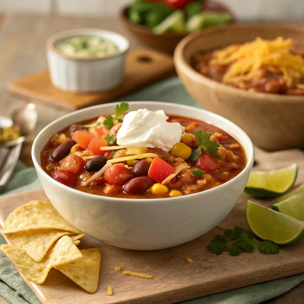 A hearty bowl of Taco Soup Frios topped with shredded cheese, sour cream, and tortilla chips.