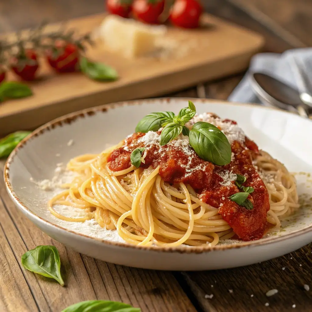 Spaghetti with San Marzano tomato sauce, basil, and Parmesan