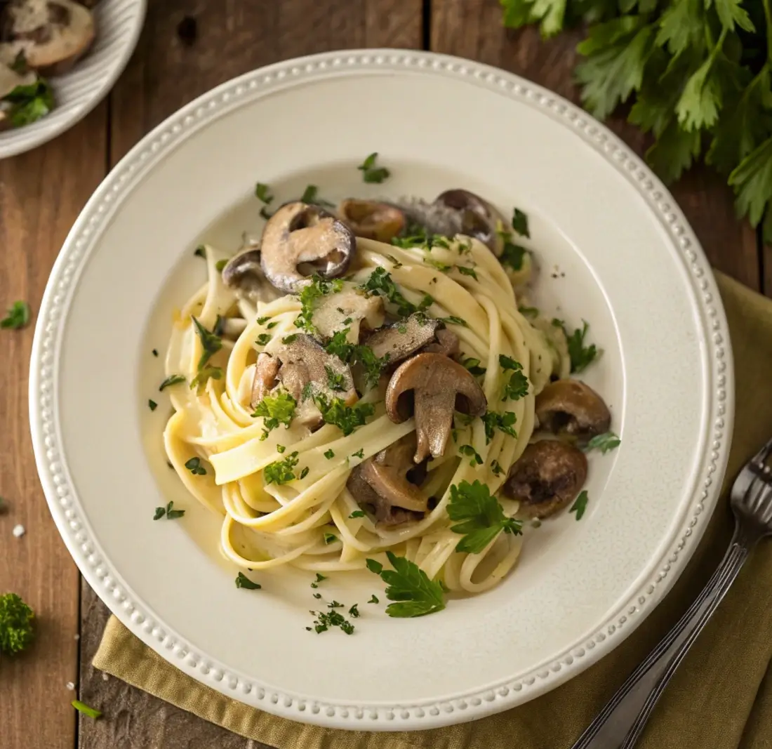 Overhead view of beginner-style mushroom pasta with creamy sauce, sautéed mushrooms, and parsley.